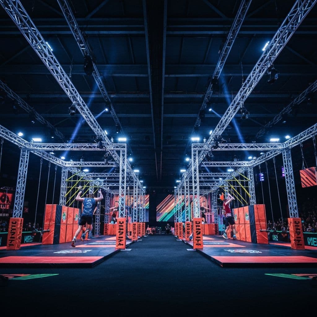 Athletes racing head to head on parallel ninja courses